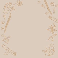 Frame with ingredients for making mulled wine. Christmas winter drink made of ginger, cinnamon, cloves, vanilla, pepper, anise. Seasonal food. Spice and flavor. Can be used to create postcards.