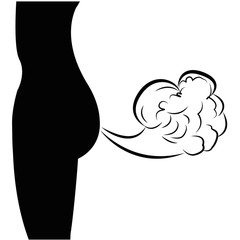 Excess gas from human body. Farting vector illustration. Silhouette black white