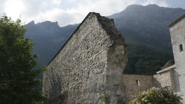 Agios Dionysios monastery walls destructed in WW2 near the top of Olympus mountain 4K video