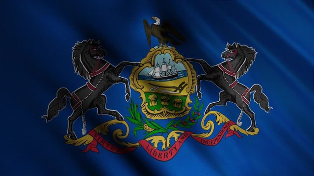 Flag of american state of Pennsylvania, region of the United States waving in the wind, seamless loop. Animation. Blue flag with horses and eagle.