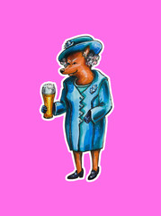 Humanized fox character in a suit with a glass of beer on an isolated background. Hand painted illustration