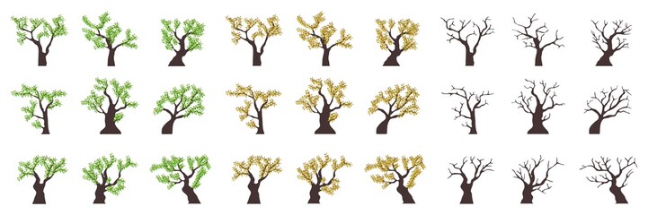 Set of trees with green leaves with yellow leaves. Set of old trees without leaves. Flat vector illustration.