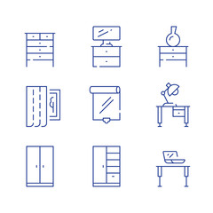 Home furniture, interior design, cloth storage system, cupboard and table with lamp, window curtains, roller blind