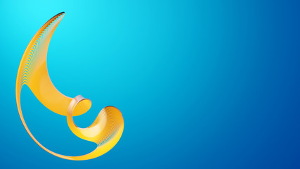 Fototapeta na wymiar Lemon yellow plastic geometric object in the shape of an Ammonite shell on a blue background with a gradient. Digital 3D illustration. Abstract geometric background Full HD.
