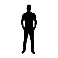 Man standing with hands in pockets. Adult people. Isolated vector silhouette