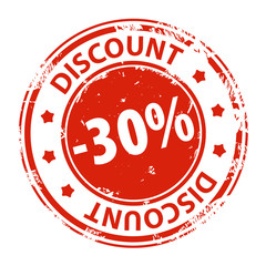 Rubber stamp with text Discount 30 percent icon isolated on white background. Illustration