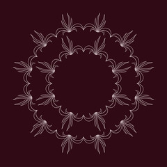 Wreath from light pink floral doodles on maroon background.