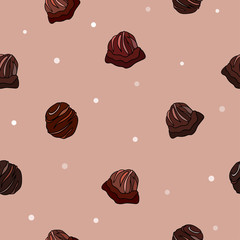 Seamless sweet pattern on pink background. Chocolate candies with glaze and white shapes. 