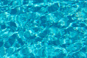 Fototapeta na wymiar Abstract blurred background of pool water texture. Bright trendy color of water Aqua Menthe . Horizontal, free space. Design concept.