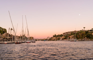 Sunset on aswan nile river in egypt