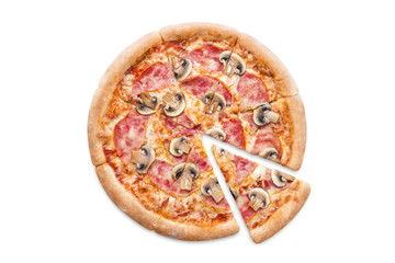 Delicious pizza with champignon mushrooms, ham, tomato sauce and mozzarella, isolated on white background