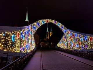 Wiev on Tumski Island and Bridge with Christmas Illumination