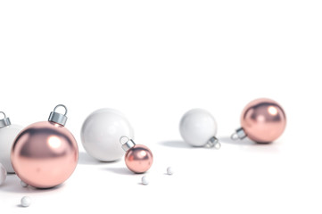 Outstanding rose gold metallic christmas ball ornament are among many christmas balls soft focus on white background room studio 3d rendering. 3d illustration minimal style concept.