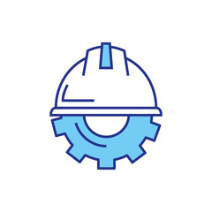 Gear with helmet design, construction work repair machine part technology industry and technical theme Vector illustration