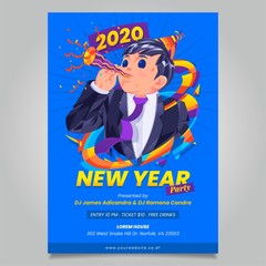 New Year Eve 2020 Party Celebration poster template design with time and venue details. Party boy or kid illustration in blue background and confetti. With time and venue details included.
