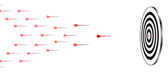 Arrows flying towards to black and white dartboard, imposible to miss target