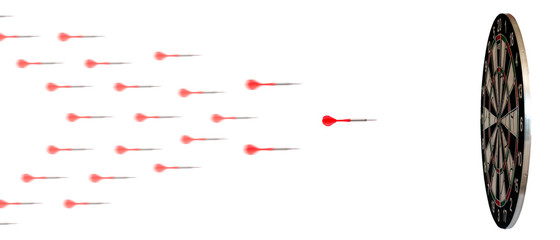 Arrows flying towards colorful dartboard, imposible to miss target
