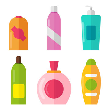A set of shampoos, deodorants, perfumes and liquid soap. Bathroom accessories.