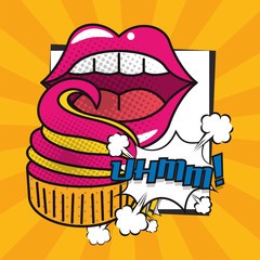 poster pop art style with female mouth eating cupcake