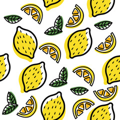 Seamless pattern with lemon fruits. Fresh citrus background. Decorative illustration, good for printing. Vector bright print for fabric or wallpaper