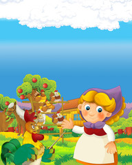 Fototapeta premium cartoon scene with happy farmer woman on the farm ranch illustration for the children