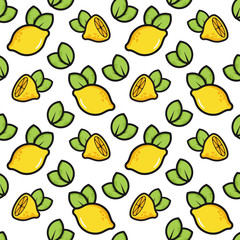 Seamless pattern with lemon fruits. Fresh citrus background. Decorative illustration, good for printing. Vector bright print for fabric or wallpaper