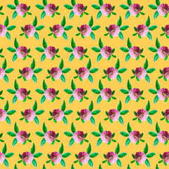 Pink clover flowers with green leaves on a yellow background. Floral ornament. Colorful seamless pattern for wrapping paper, and textile design