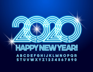 Vector Neon Greeting Card Merry Christmas 2020! Blue stylish Font. Glowing electric Alphabet Letters and Numbers