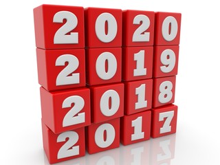 New Year concept on red toy cubes stacked on top of each other