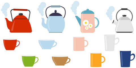Kettle with a cup. A set of boiling kettles with a cup of tea. Vector illustration