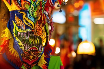 Naklejka na ściany i meble Ghost Dance mask Of Thailand, Phi Ta Khon, Ghost mask festival or halloween of Thailand