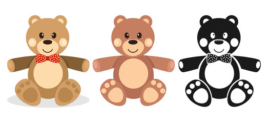 Teddy bear, set of teddy bears, silhouette of a teddy bear. Vector illustration of a soft children's toy.