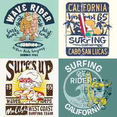 Fototapeta premium Cartoon kids California surfing team collection grunge vector print for children wear