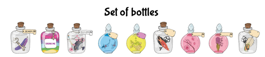 Set of vintage glass bottles with different symbols inside and a label for inscription. Hand drawn illustration.