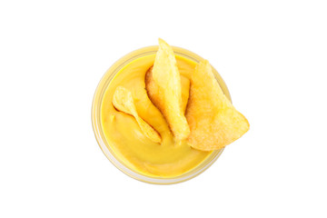 Potato chips with mustard sauce isolated on white background, top view