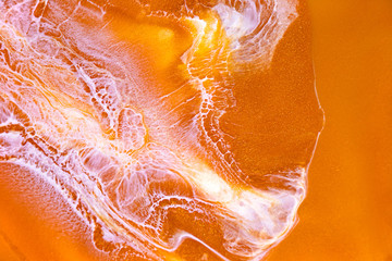Orange liquid and white foam mixing raster background. Color fluid drops and splashes illustration. Golden bright acrylic and oil paint flow. Water splatters contemporary backdrop.
