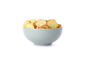 Beer snacks in a bowl isolated on white background, space for text