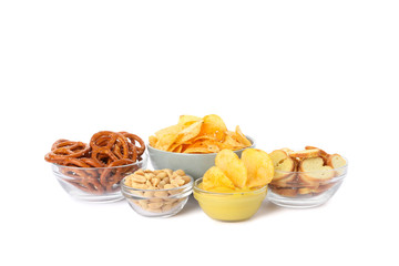 Beer snacks, potato crispy chips, nuts isolated on white background, space for text
