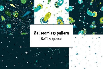 Set cosmic seamless colorful pattern on dark and white. Cute cartoon cat-astronauts floating in space with  with planets, stars, rockets, constellations, ufo. Vector illustration.
