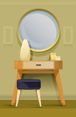 Stylish modern interior of dressing room with mirror, chair, dressing table with vase and candles on it 