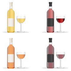 Wine bottles and glasses filled with different varieties of wine. Set of white, rose, and red wine bottles and glas. isolated on white background