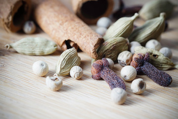 Spices and herbs over wooden table