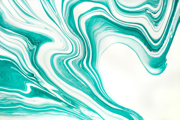 Mint green and white paint marbling flow background.