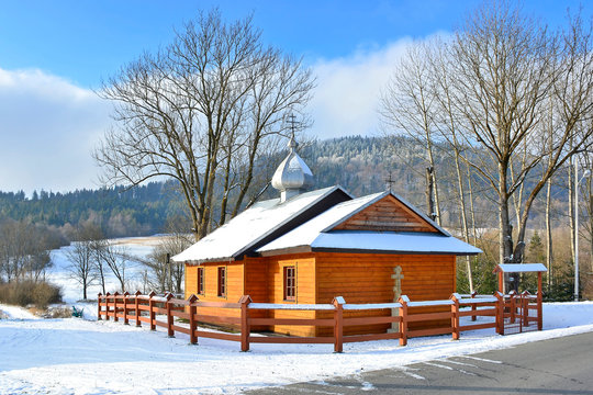 Wooden orthodox church in Kwiaton village near Gorlice, Low Beskids, Poland