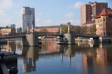 Jubilee bridge is a pedestrian drawbridge over the Pregolya river in Kaliningrad.