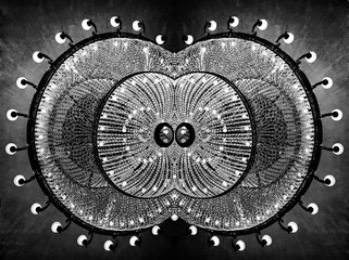 Abstract view of a round chandelier with elements of lamps. dragonfly-like eyes