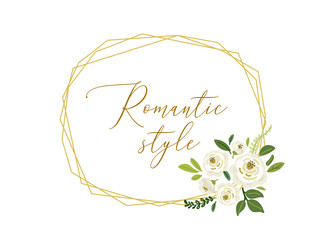 Cute botanical theme geometric frame background with bouquets of hand drawn rustic white roses and green leaves branches