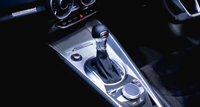 Automatic transmission gear of sport car, interior design for modern car.