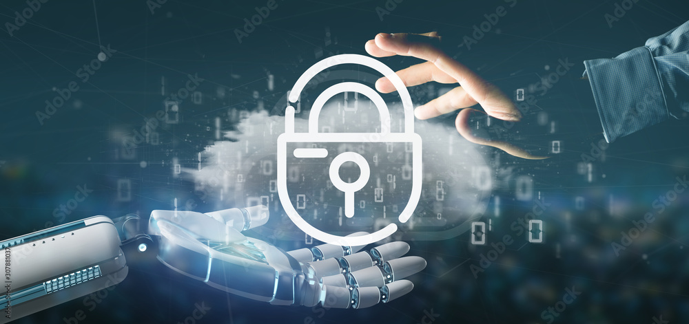 Poster cyborg holding a binary cloud with internet security padlock 3d rendering