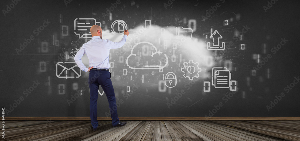 Poster businessman in front of a cloud of multimedia icon 3d rendering